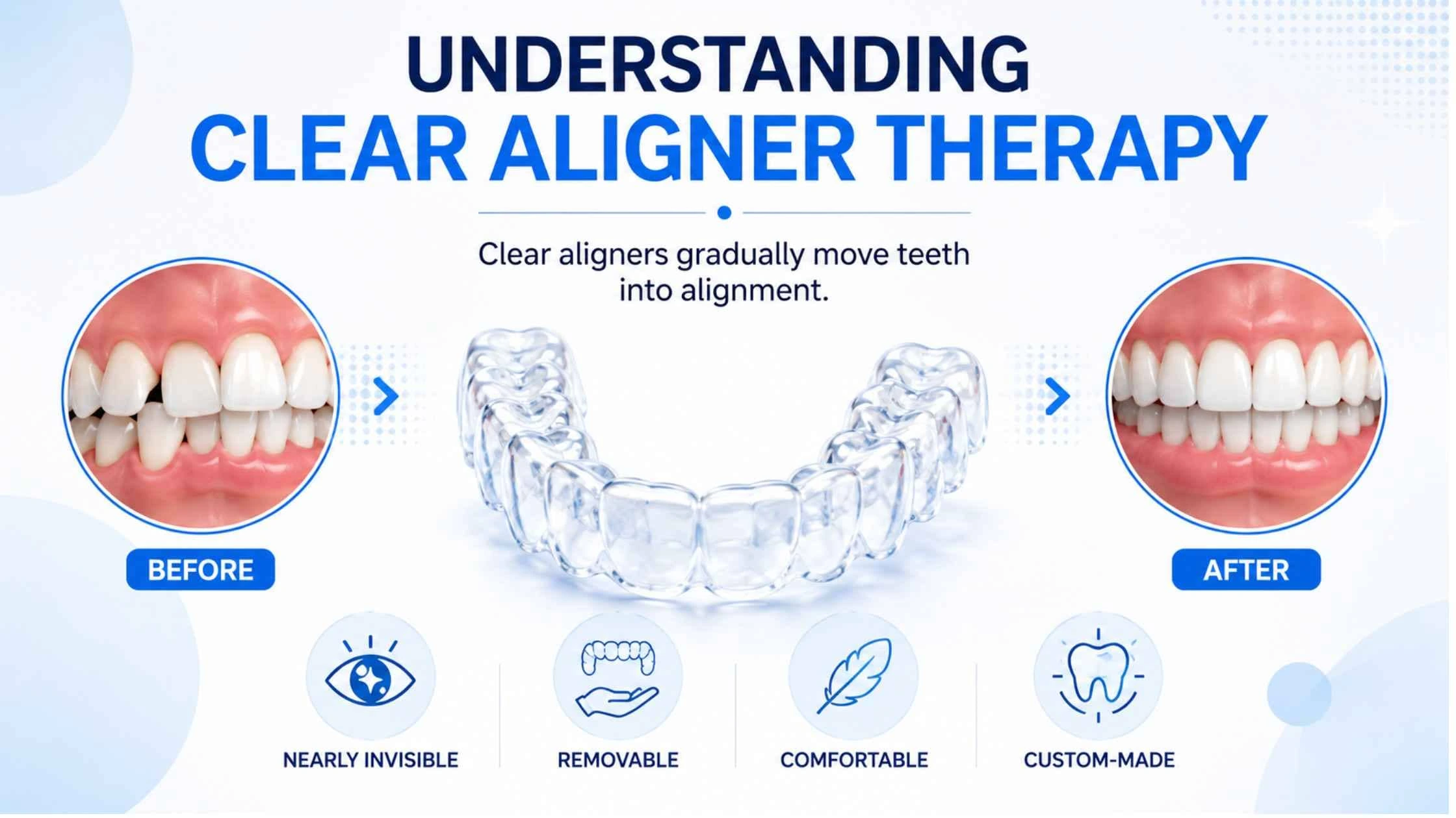Orthodontist-led treatment guiding clear aligner therapy from misaligned to aligned teeth