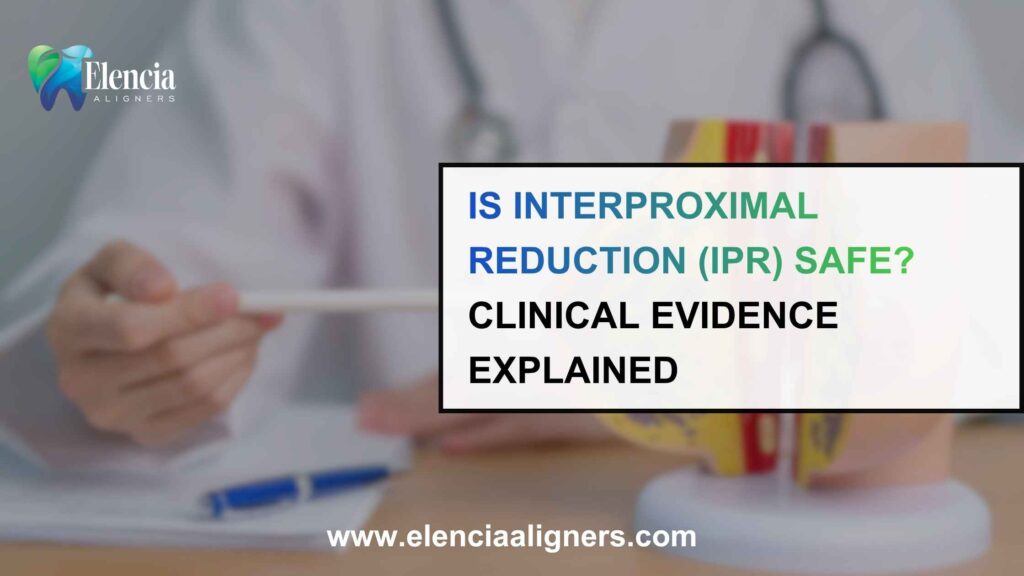 Orthodontist discussing the safety of interproximal reduction (IPR) with a dental model, highlighting evidence-based clear aligner treatment.