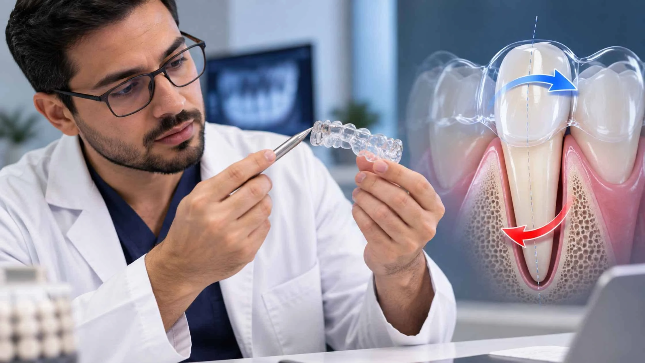 Orthodontist examining a clear aligner alongside a 3D visualization of controlled tooth root movement.