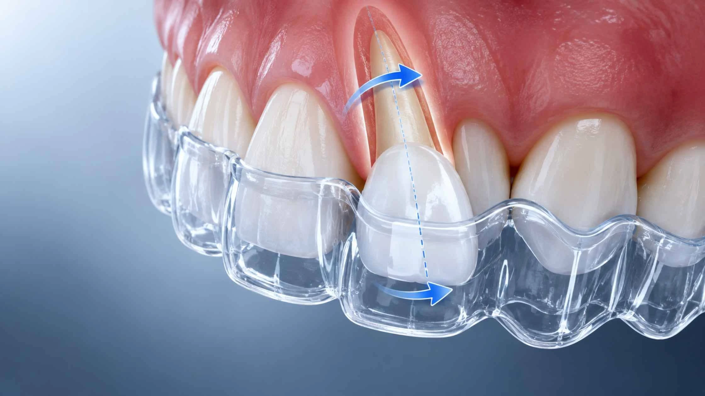 Clear aligner applying controlled root torque to an upper front tooth, illustrating buccolingual root movement.